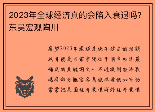 2023年全球经济真的会陷入衰退吗?东吴宏观陶川